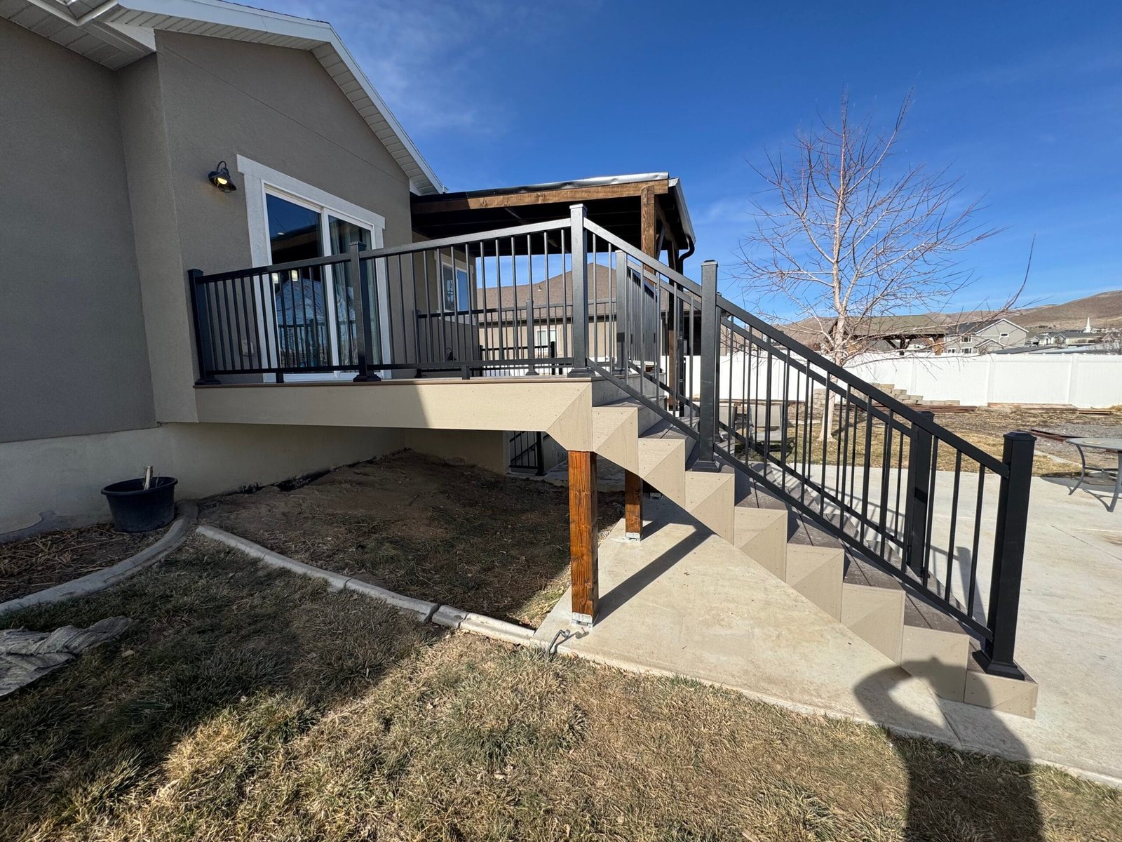 Elevated deck stairs and railing